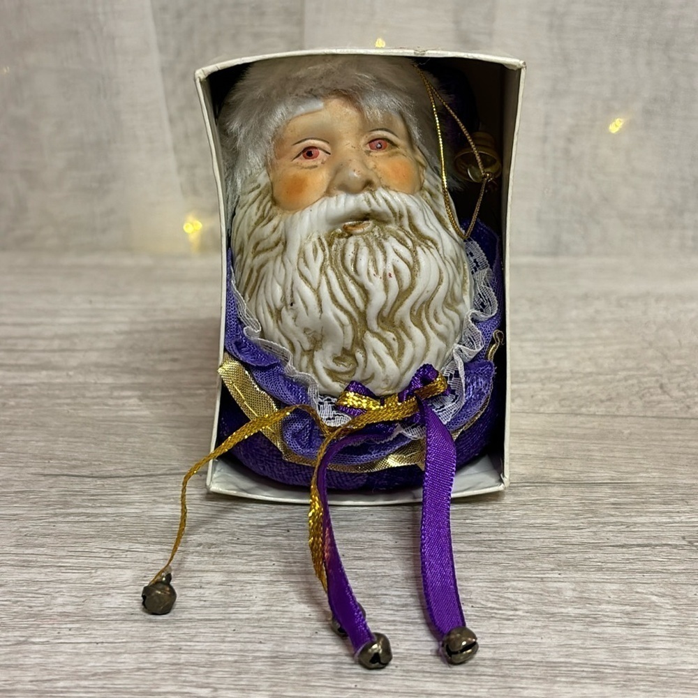Porcelain Bisque Santa Clause Head Christmas Ornament Velvet Outfit